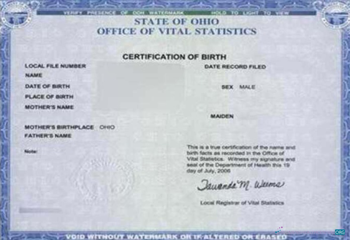 Download United States Ohio office of Vital Statistics Photoshop template